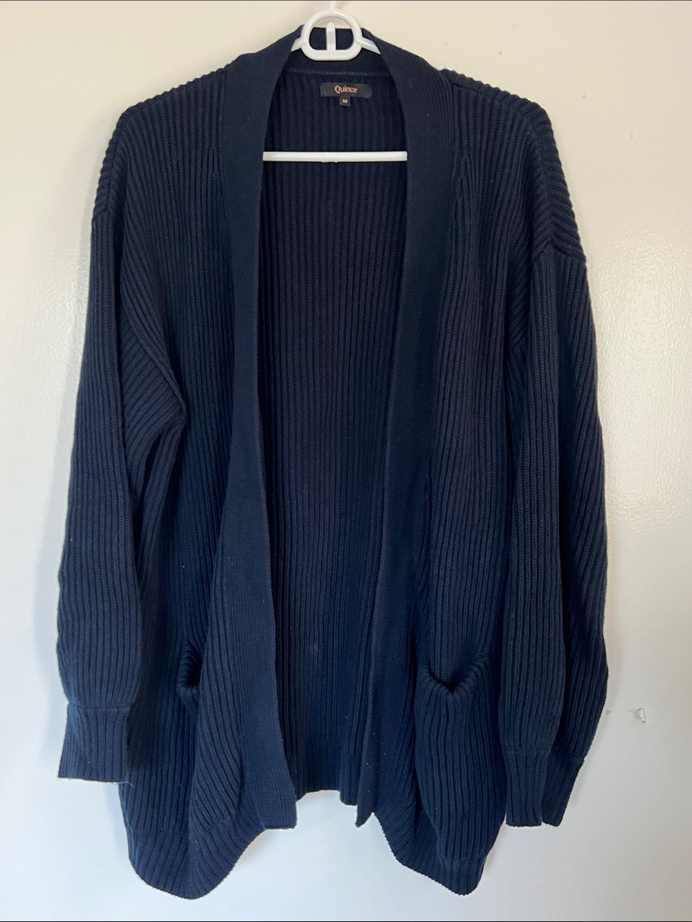 Quince Navy Ribbed Open-Front Women's Cardigan with Pockets